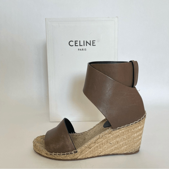 Celine by Phoebe Philo Leather Strap Wedge Jute Espadrilles Shoes Size 7 | IT 37 - Picture 1 of 10